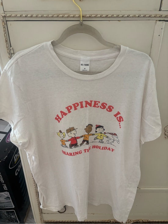 Re/Done Tops - Re/Done x Peanuts White 'Happiness Is' Graphic Short Sleeve Tee